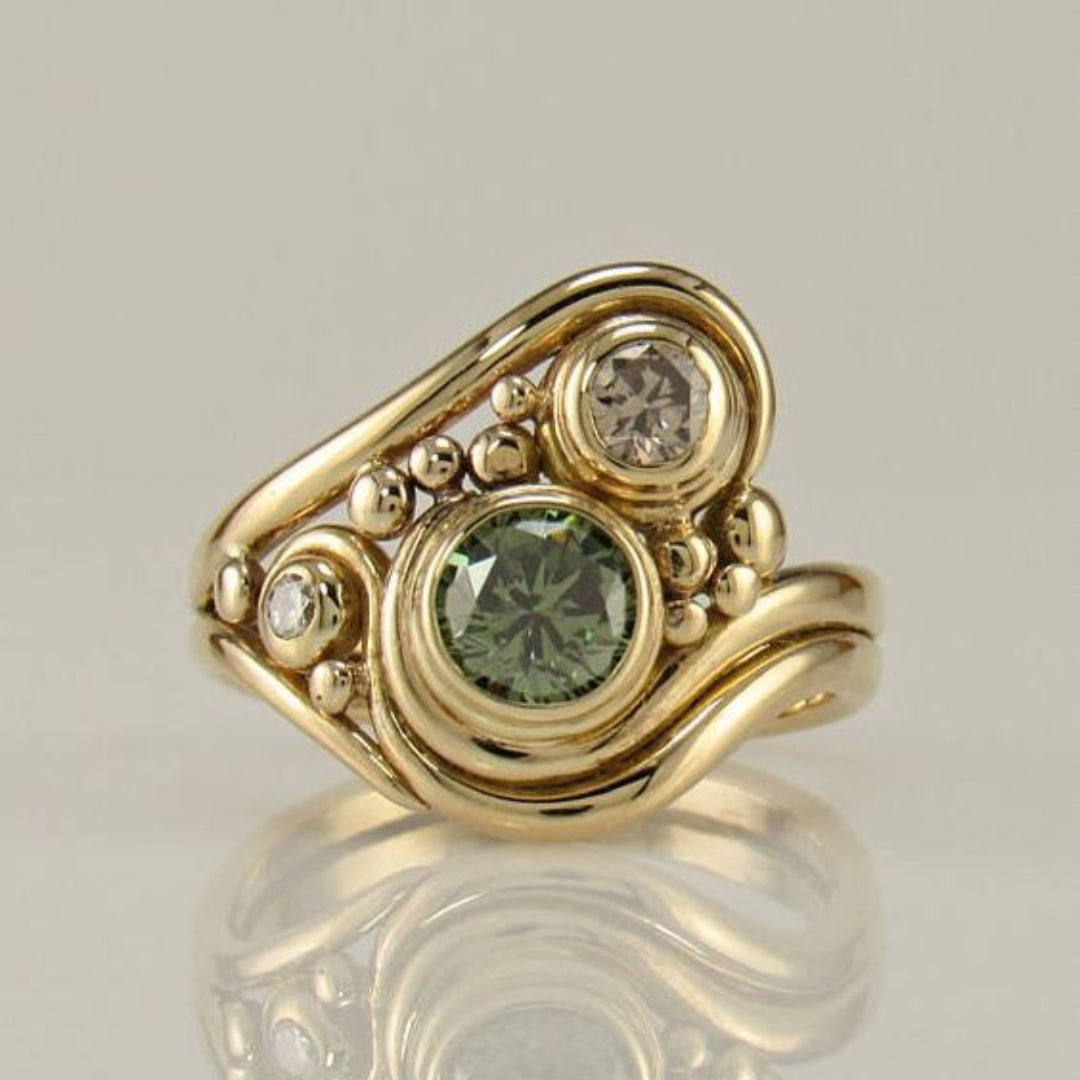 Anillo Cristal Verde Dorado Vintage