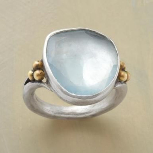 Anillo Vintage Cristal Oceánico en Plata