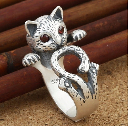 Anillo Ajustable Gato Pintado a Mano en Plata 925