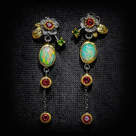 Aretes Vintage con Ópalo Azul y Cristales Rojos en Oro