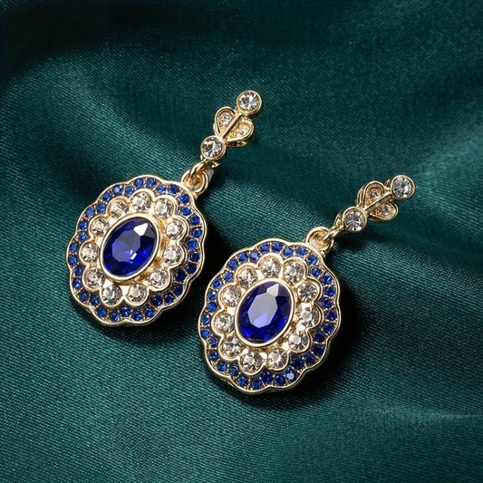 Aretes Mandala Cristal Azul en Oro Vintage