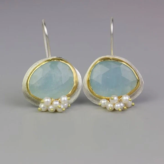 Aretes Cristal Azul con Perlas Vintage