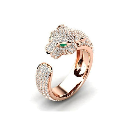 Anillo Jaguar Ajustable en Plata y Oro Rose de 18K con Ojos en Circonita Verde